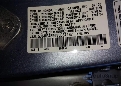 2008 Honda Cr-V Ex из США, поврежденный, VIN 5J6RE48568L037137